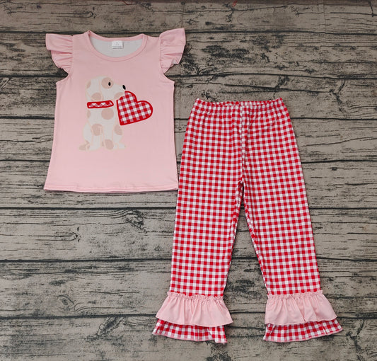 No moq Pre-order GSPO1161 Baby Girl Dog Heart Shirt Plaid Ruffle Pants Valentine's Day Set