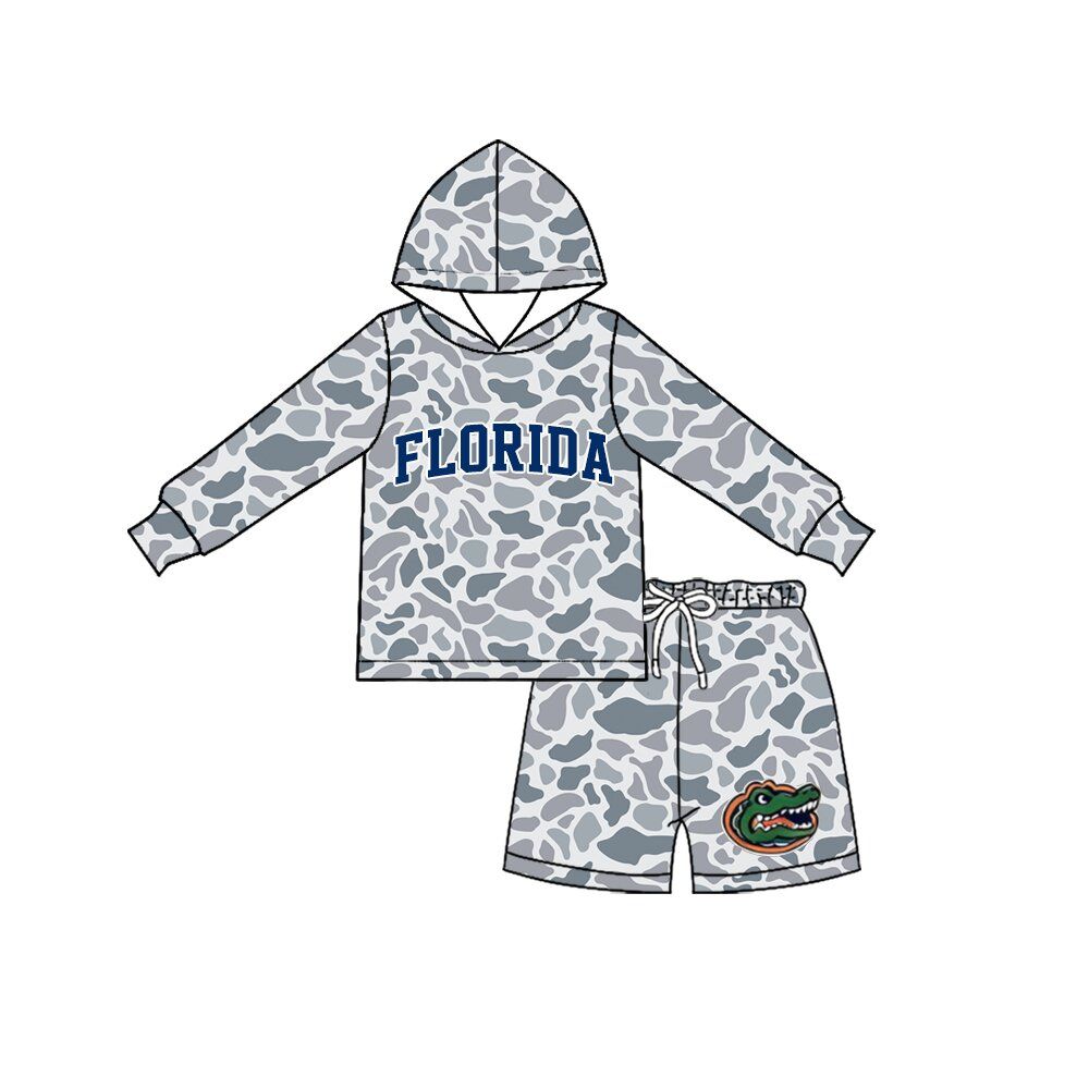 ( No moq ) Preorder Baby Boy Kids Long Sleeves Grey Camo Hoodie Shirt Shorts Team Set