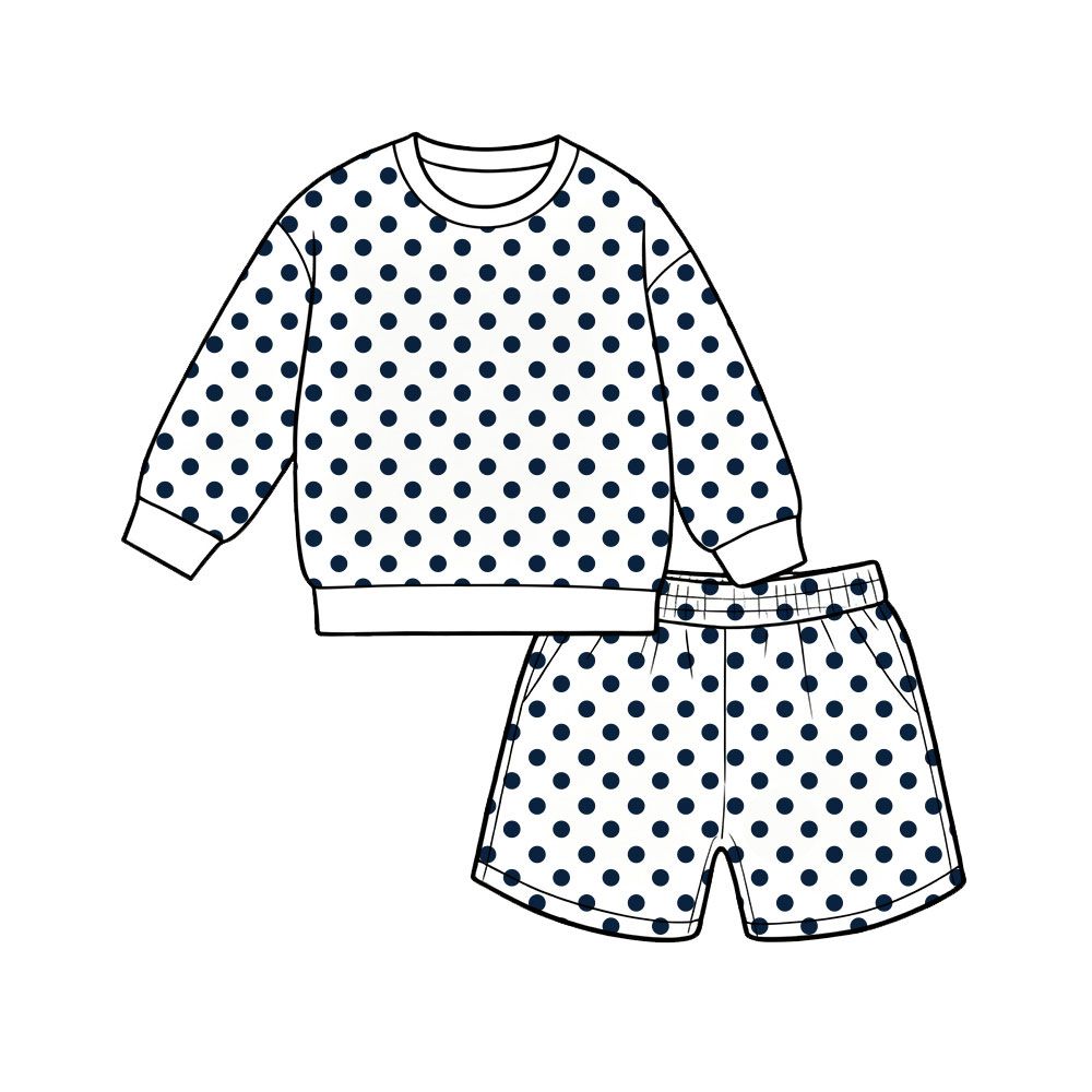 ( Moq 5 ) Preorder Adult Women White Long Sleeves Navy Dots Shirt Pockets Shorts Set Clothes