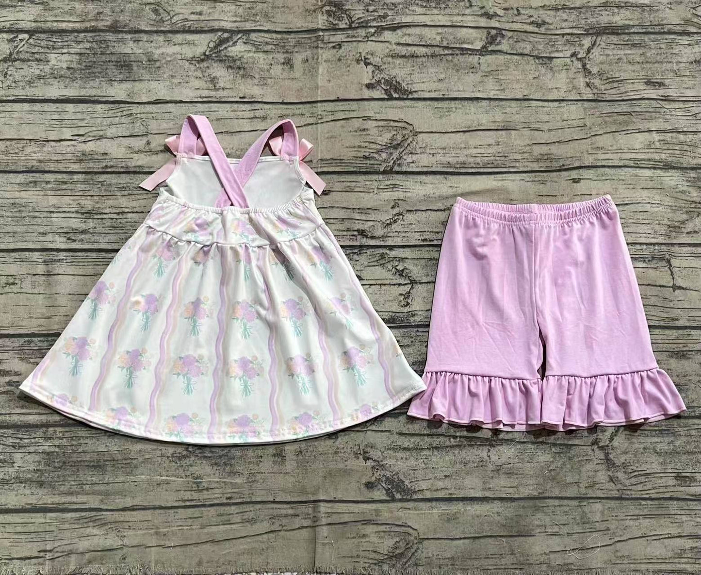 Baby Girl Straps Floral Bows Tunic Tops Purple Ruffle Cotton Shorts Set RTS