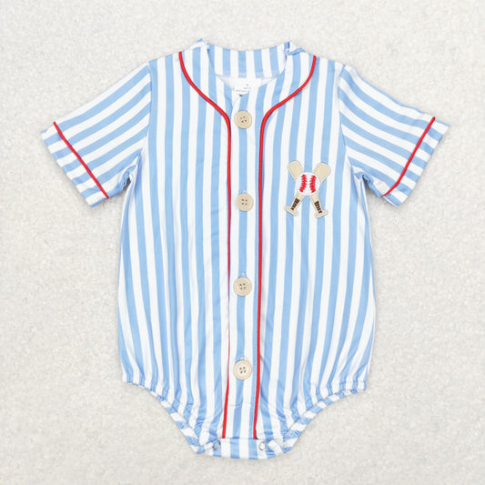 Baby Boy Embroidery Baseball Stripes Buttons Blue One Piece Romper