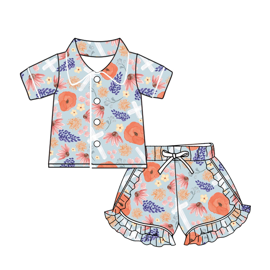 Baby Girl Short Sleeves Cross Flower Buttons Shirt Shorts Pajamas Easter Clothes Set Moq 5