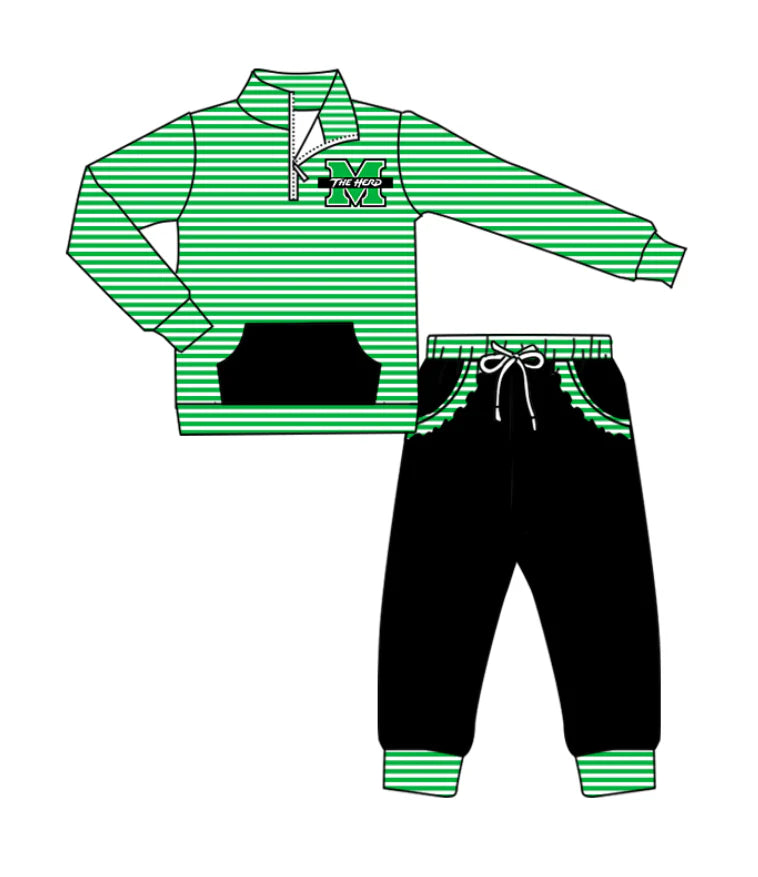 ( Moq 5 ) Baby Girls Toddler Green Stripes Long Sleeves Zipper Pullover Pockets Pants M Team Clothes Outfit