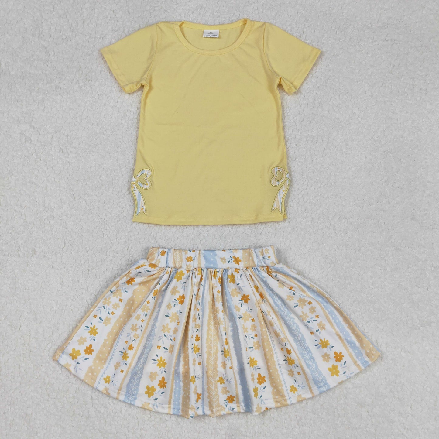 Baby Girl Short Sleeves Embroidery Bows Yellow Shirt Flower Skirt Shorts Skorts Clothes Set