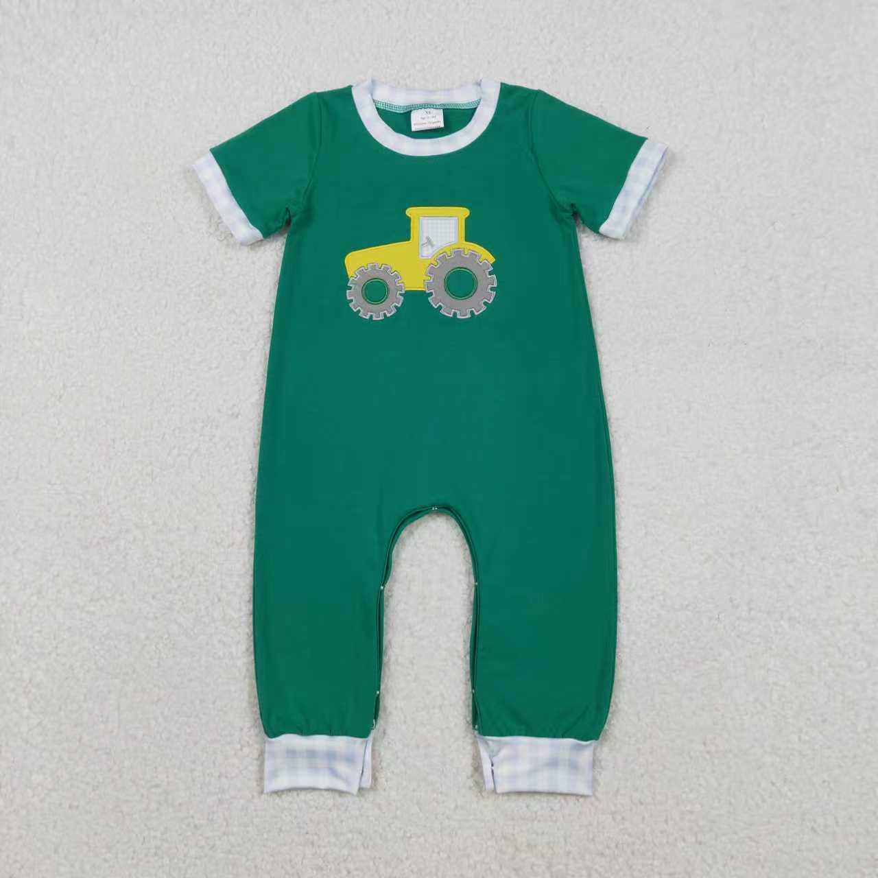 Sibling Baby Boys Kids Short Sleeves Embroidery Tractor Green Farm Romper Set  RTS