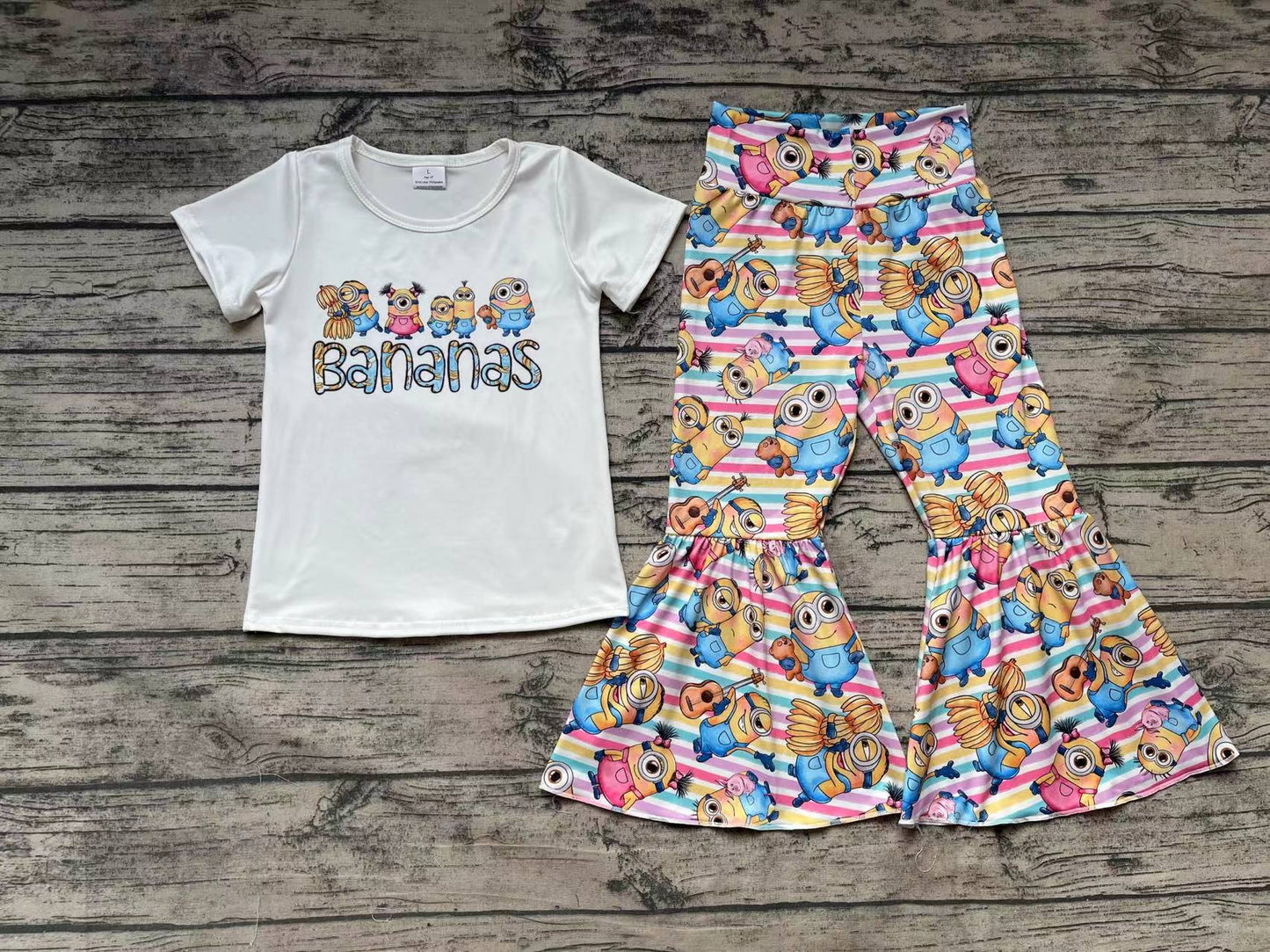 No Moq Pre-order GSPO1188 Baby Girl Short Sleeves Bananas Shirt Bell Pants Set