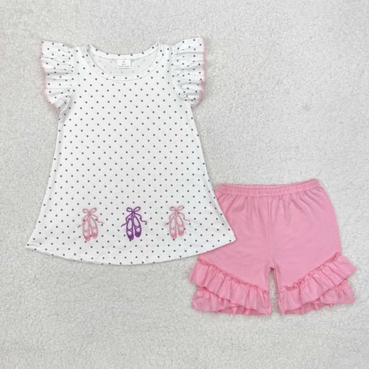 Baby Girl Short Sleeves Dots Embroidery Shoes Tunic Pink Ruffle Shorts Clothes Set