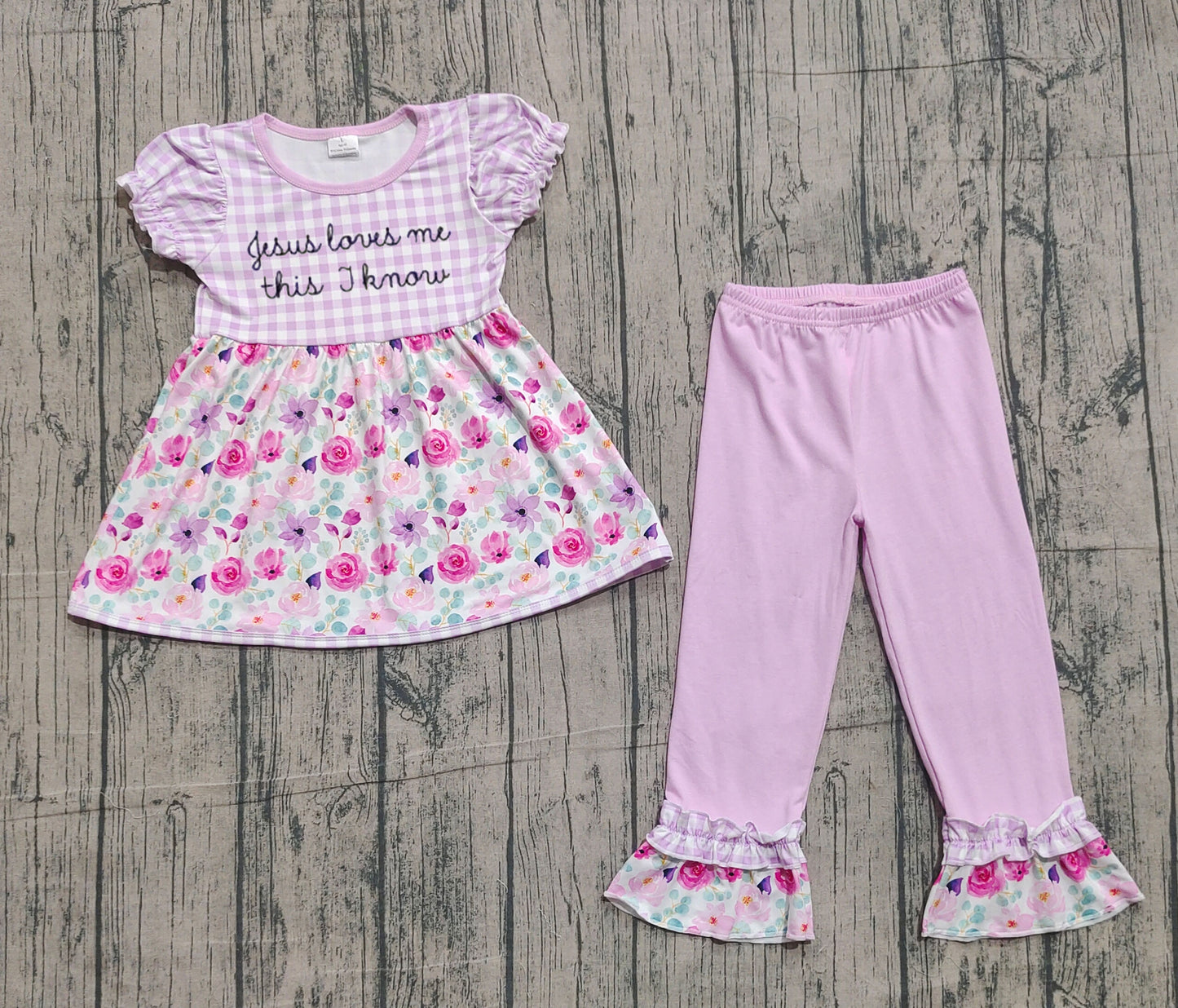 ( No moq ) Preorder Baby Girls Plaid Flower Embroidery Jesus Love Me Tunic Ruffle Pink Pants Set