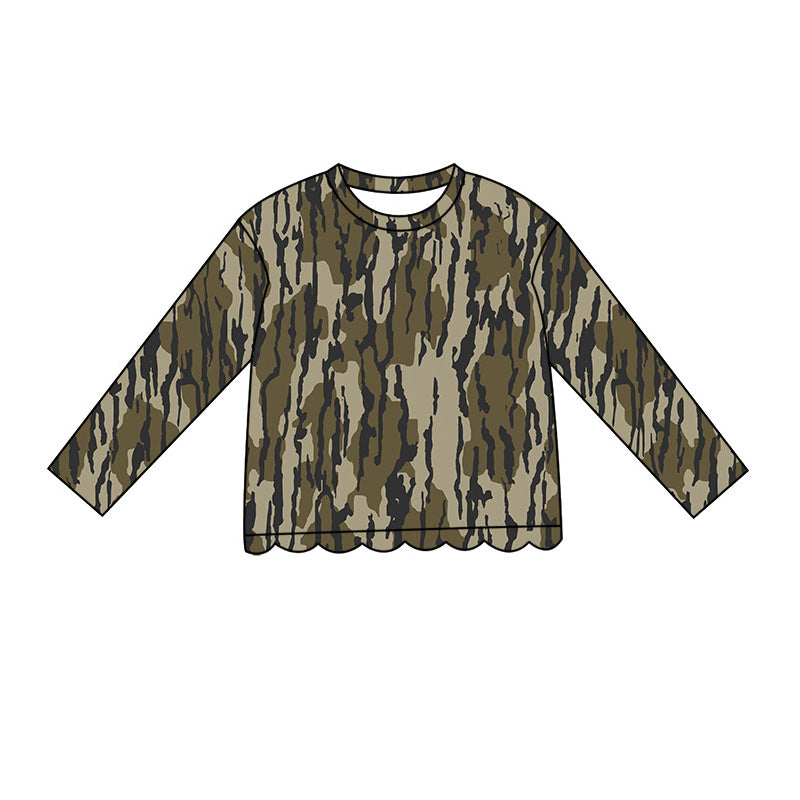 ( Moq 5 ) Preorder Baby Girls Kids Long Sleeves Olive Camo Scallop Shirt Kids Tops Clothes