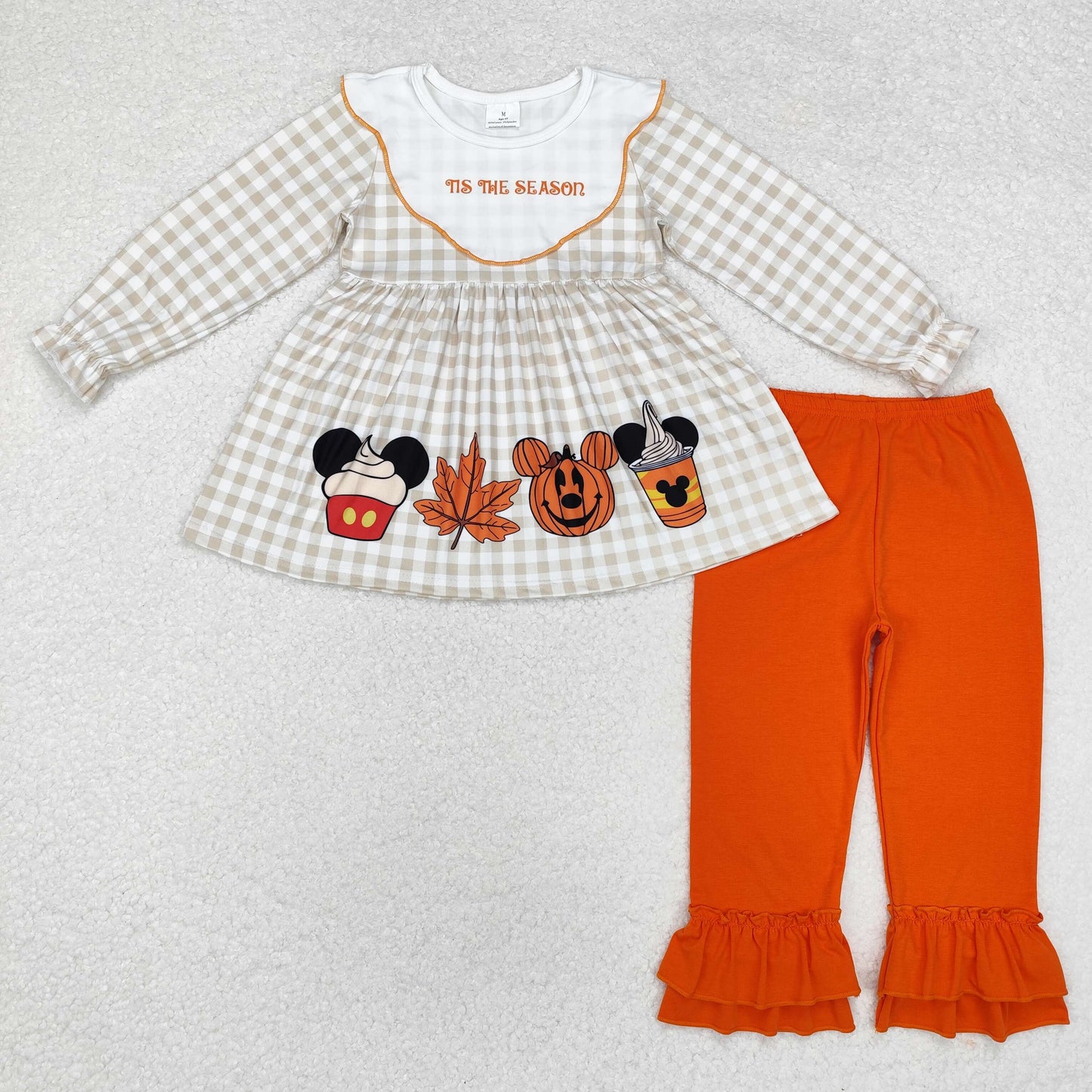 Baby Girl Halloween Checkered Cartoon Tunic Orange Pants Set