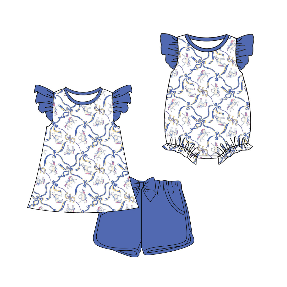 ( Moq 5 Each Style ) Sibling Baby Girls Kids Short Sleeves Horse Bows Romper Set Summer Clothes