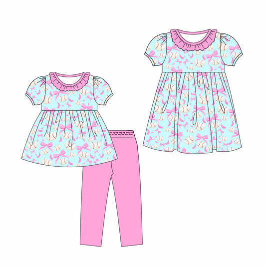 ( Moq 5 Each Style ) Sibling Baby Girls Kids Short Sleeves Baseball Pink Bows Dress Set Clothes