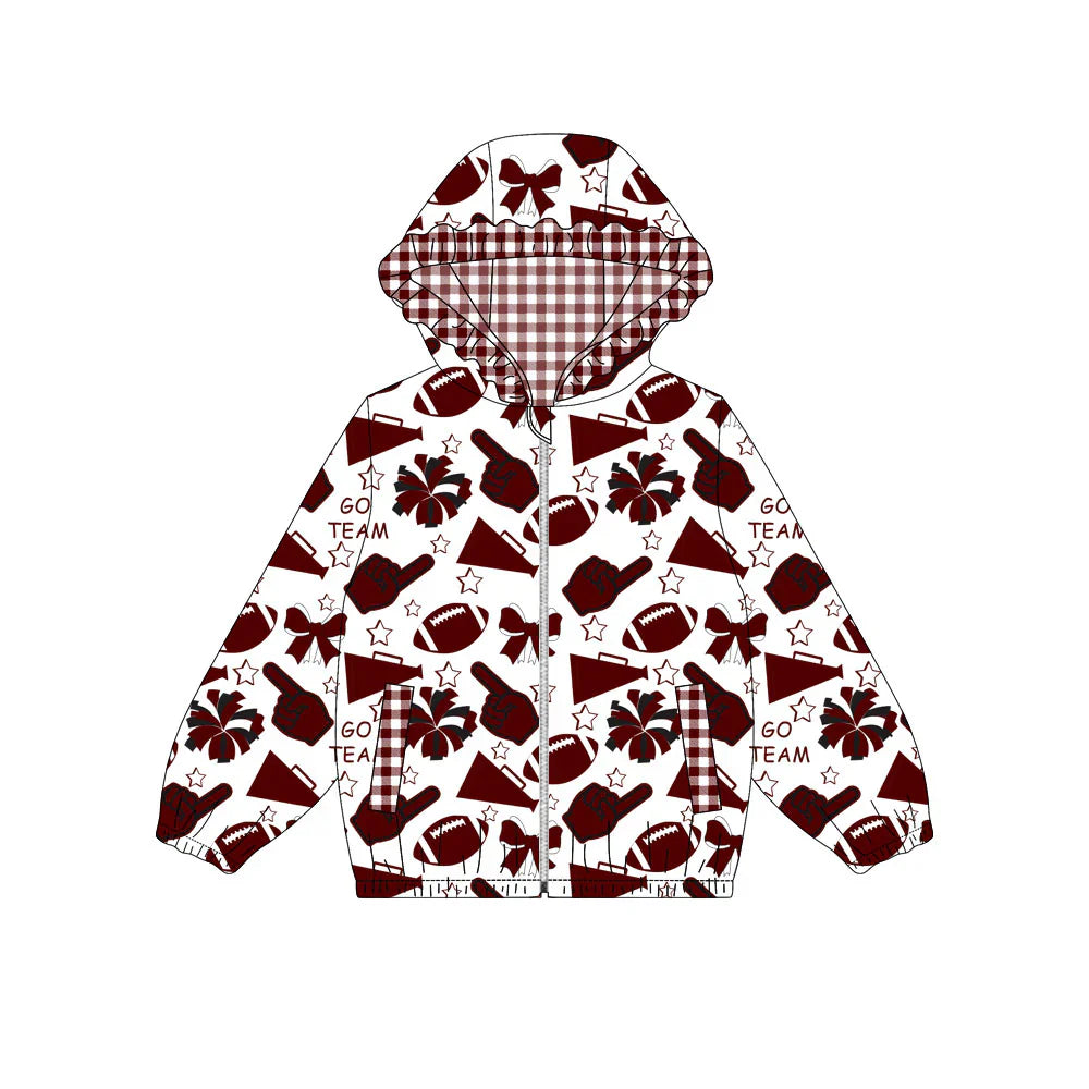 ( Moq 5 ) Baby Girls Kids Bows Cheer Pockets Checked Hoodie Zipper Football Jacket Tops