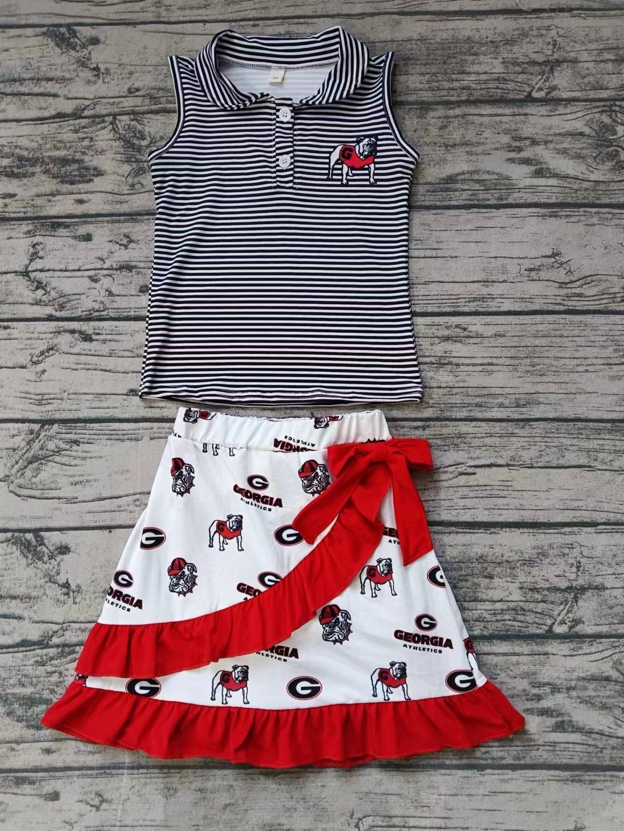 Baby Girl Sleeveless Stripes Tops Dog Skirt Shorts Team Clothes Set Moq 5