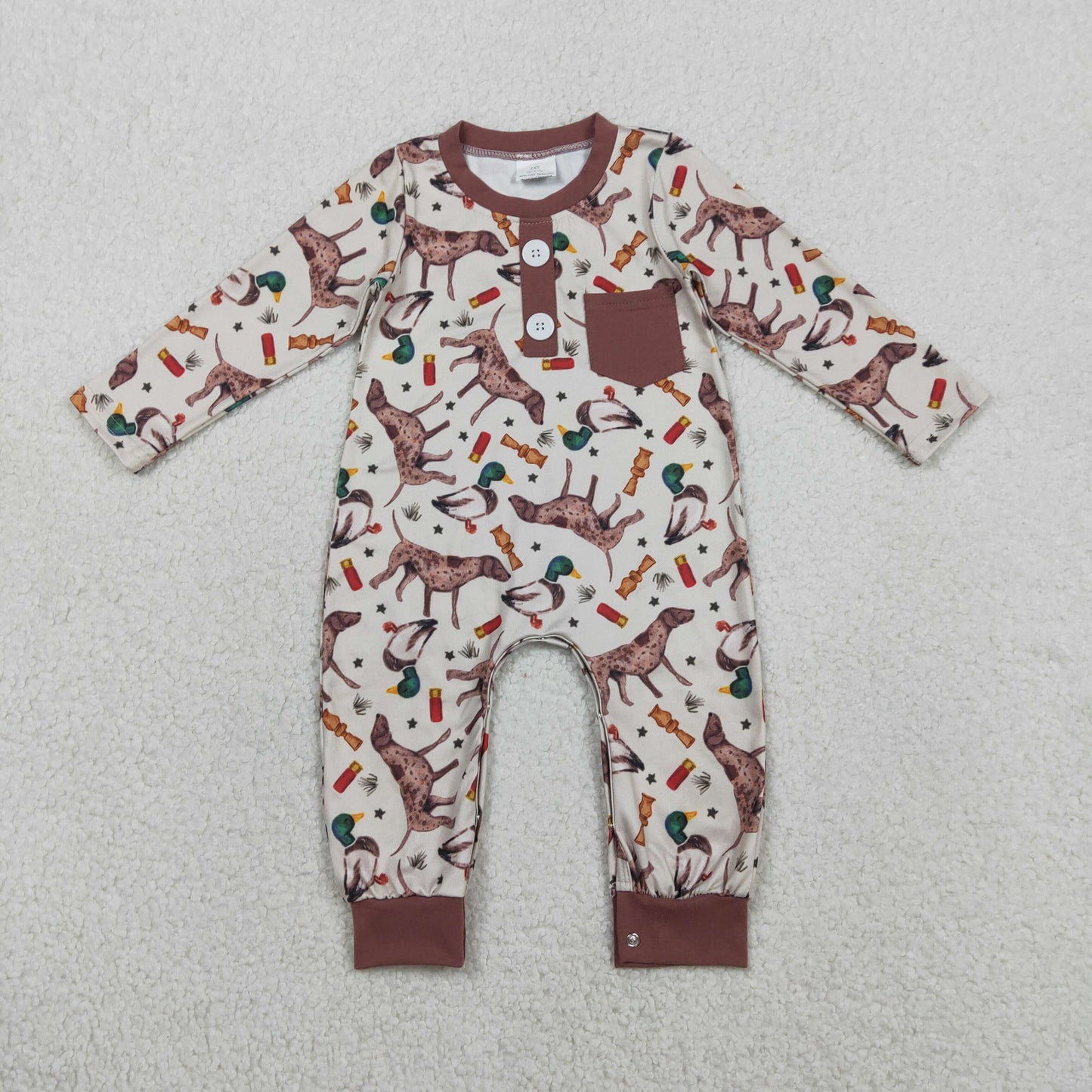 Baby Boy Infant Long Sleeves Ducks Dogs Buttons Pocket Hunting Romper RTS