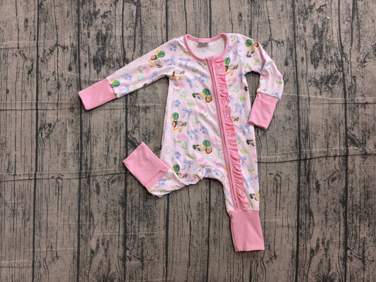 ( No moq ) Preorder Baby Girls Kids Ducks Flower Bows Pink Ruffle Zipper Footie Sleeper Romper