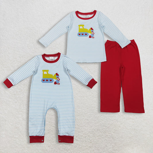 Sibling Baby Boy Kids Embroidery Hearts Truck Stripes Valentine's Day Romper Clothes Set RTS