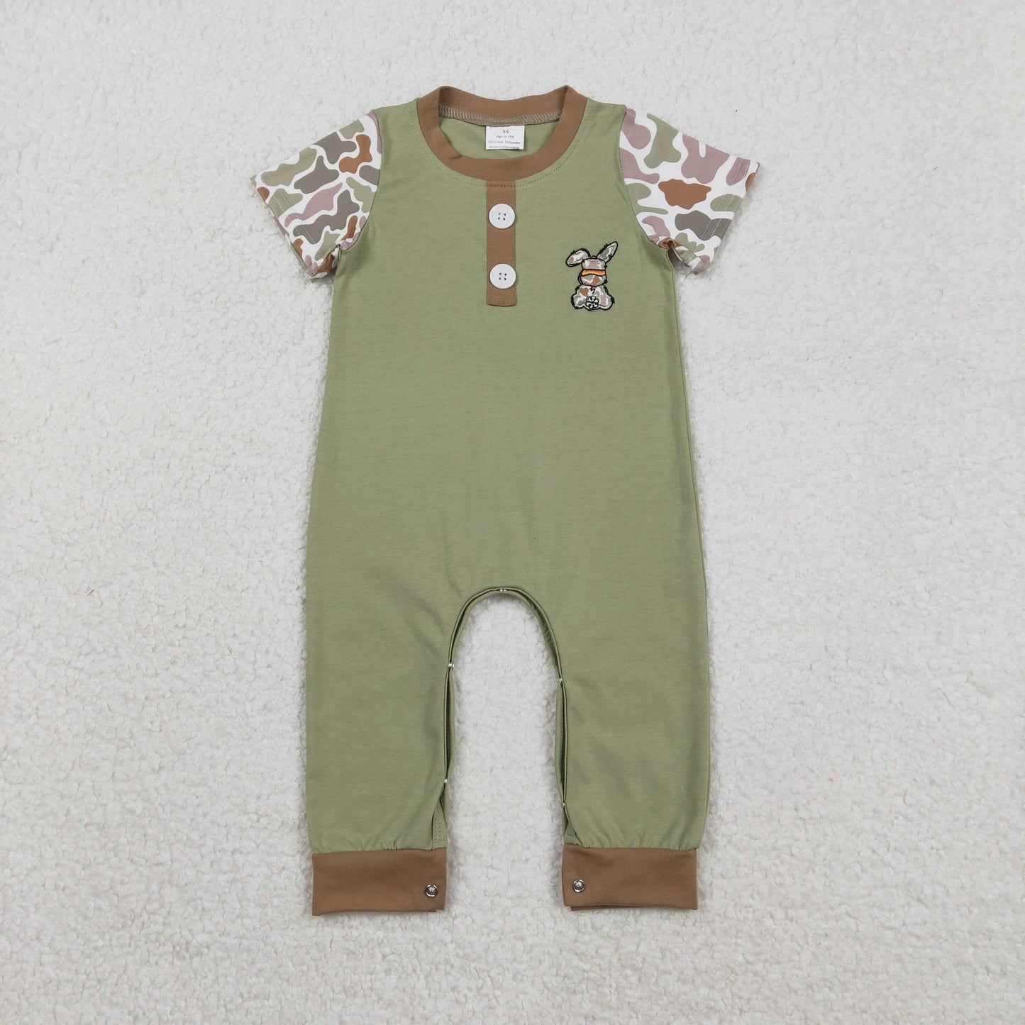 Boys Infant Camo Short Sleeves Embroidery Rabbit Easter Buttons Romper RTS