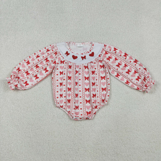 Baby Girl Long Sleeves Embroidery Red Hearts Bows Valentine's Day Bubble Romper RTS