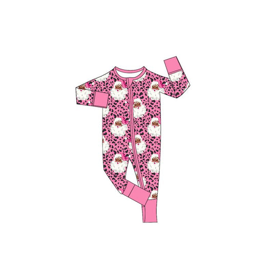 ( Moq 5 ) Preorder Baby Girls Kids Long Sleeves Christmas Santa Leopard Zipper Footie Sleeper Romper