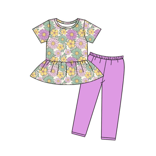 Baby Girl Short Sleeves Flower Top Purple Pants Clothes Set Moq 5