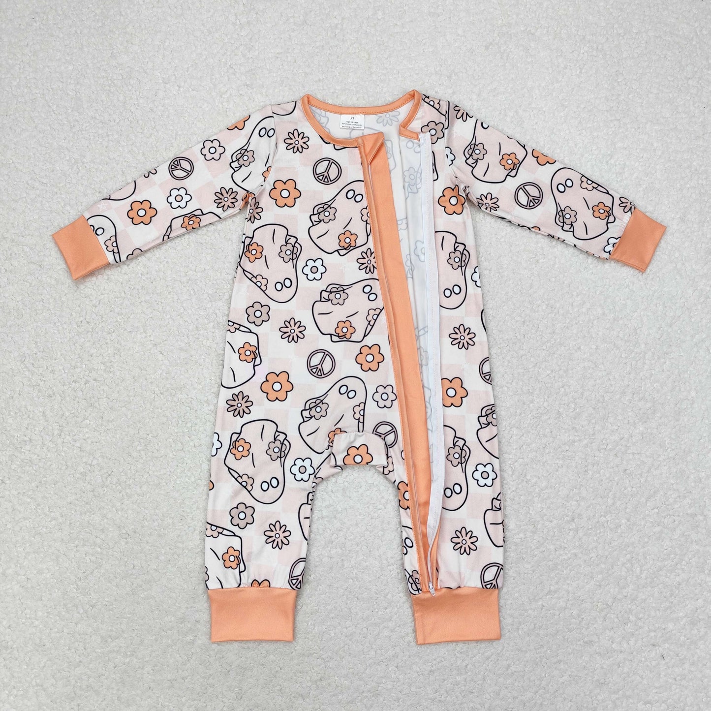 Baby Girl Halloween Flowers Ghost Long Sleeves Zipper Romper