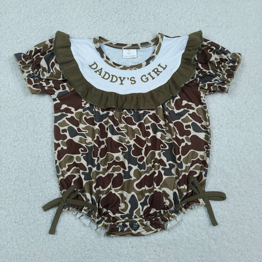 Baby Girls Infant Embroidery Daddy's Girl Dark Green Camo Bows Bubble Romper RTS