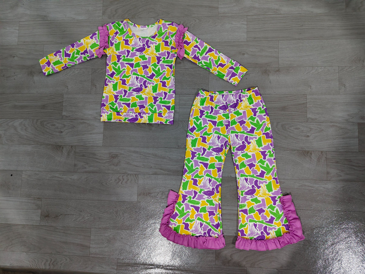 ( No moq ) Preorder Baby Girls Kids Long Sleeves Ducks Camo Tops Bows Pants Set Mardi Gras Clothes