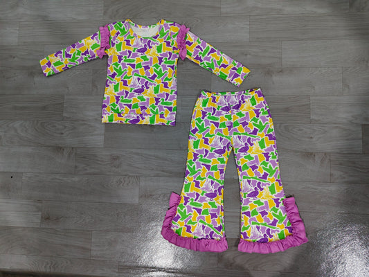 ( No moq ) Preorder Baby Girls Kids Long Sleeves Ducks Camo Tops Bows Pants Set Mardi Gras Clothes