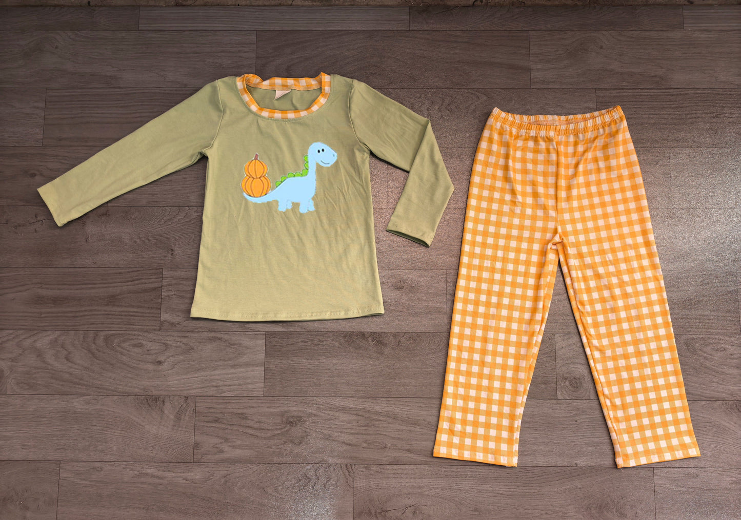 ( No moq ) Preorder Baby Boy Kids Embroidery Pumpkins Dinosaur Shirt Plaid Pants Thanksgiving Set Clothes