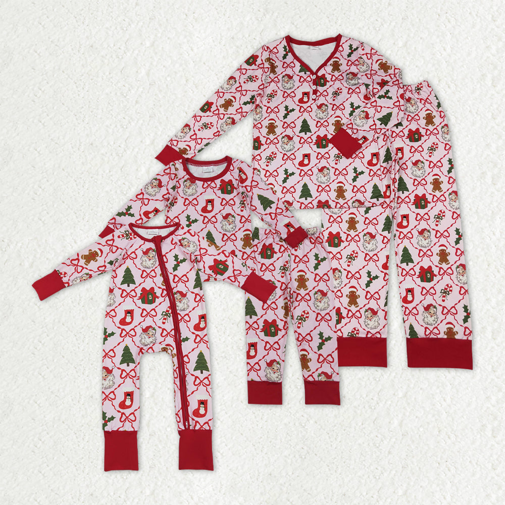 Sibling Baby Girls Adult Woman Gingerbread Bows Santa Christmas Romper Pajamas Clothes Set RTS