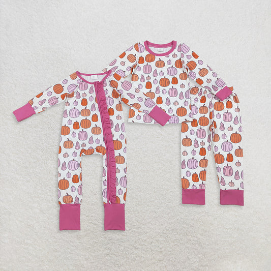Siblign Girls Kids Long Sleeves Pumpkins Fall Thanksgiving Zipper Romper Pajamas Set RTS