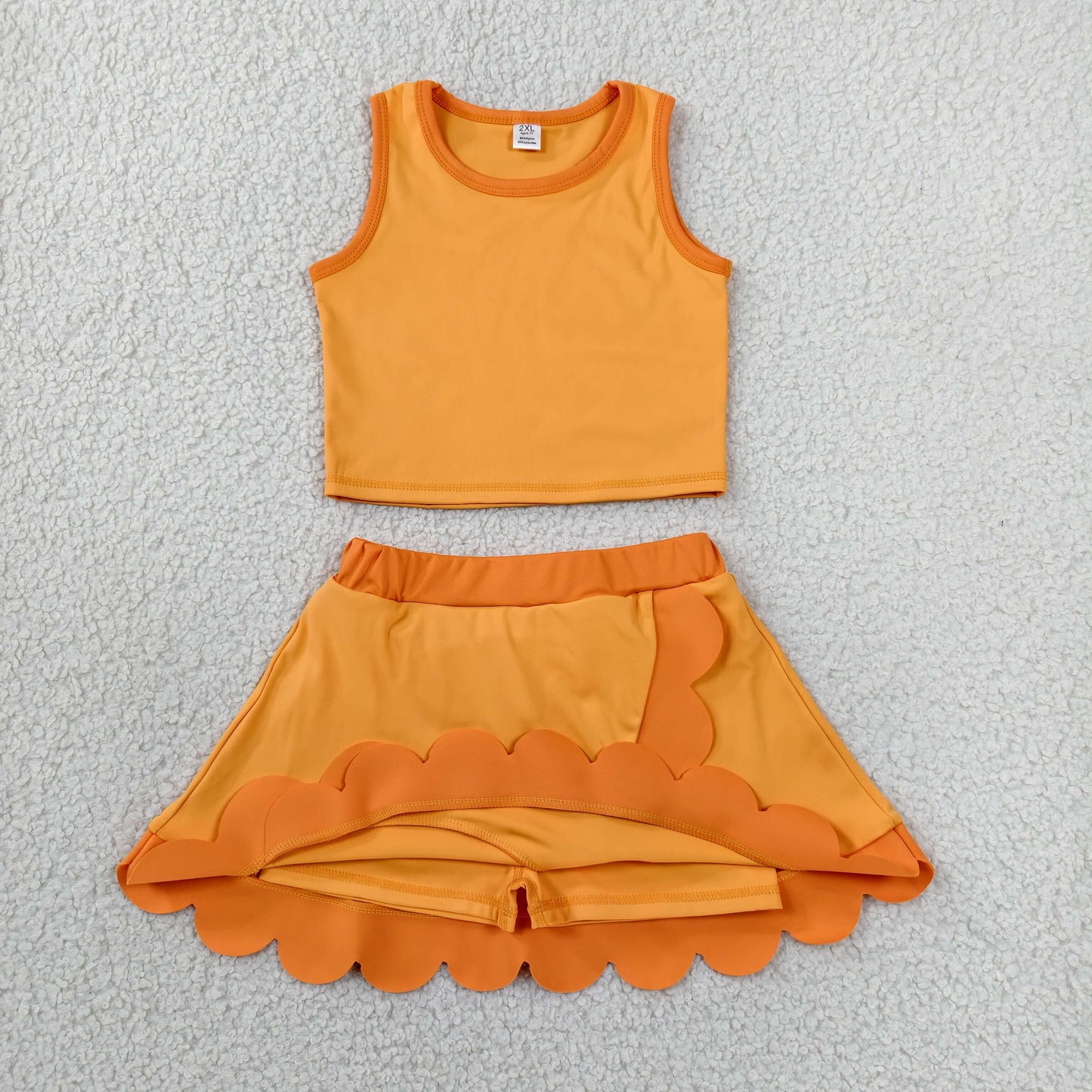 Baby Girls Kids Orange Shirt Scallop Skirt Shorts Yoga Active Set Clothes RTS