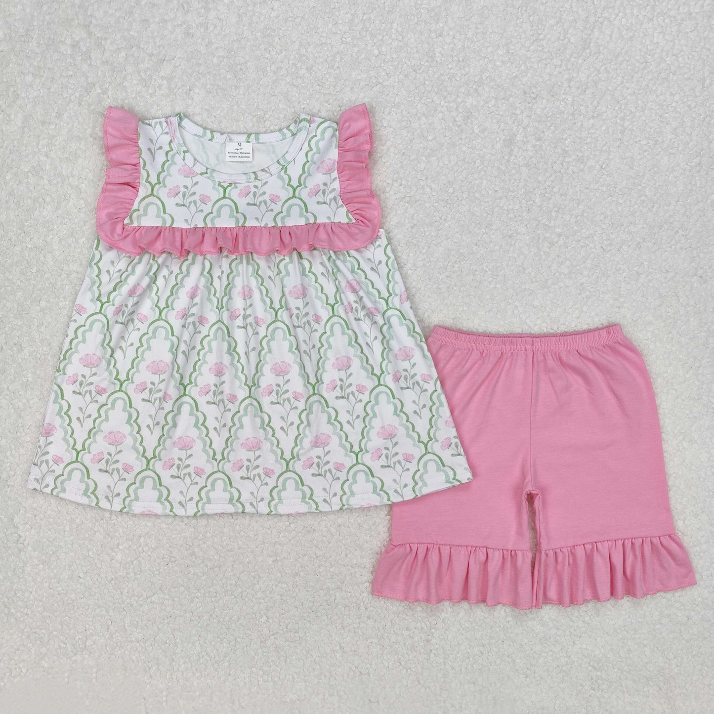 Baby Girl Infant Short Sleeves Flower Ruffle Tunic Pink Shorts Set RTS