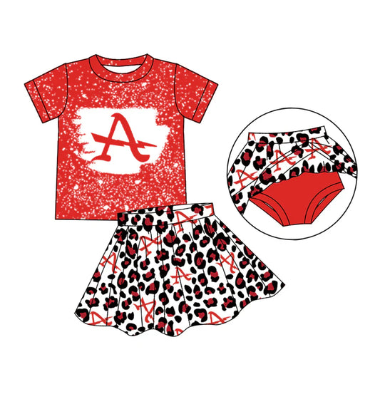 Baby Girl Red Short Sleeves Team A Shirt Leopard Skirt Shorts Skort Clothes Set ( Moq 5 )
