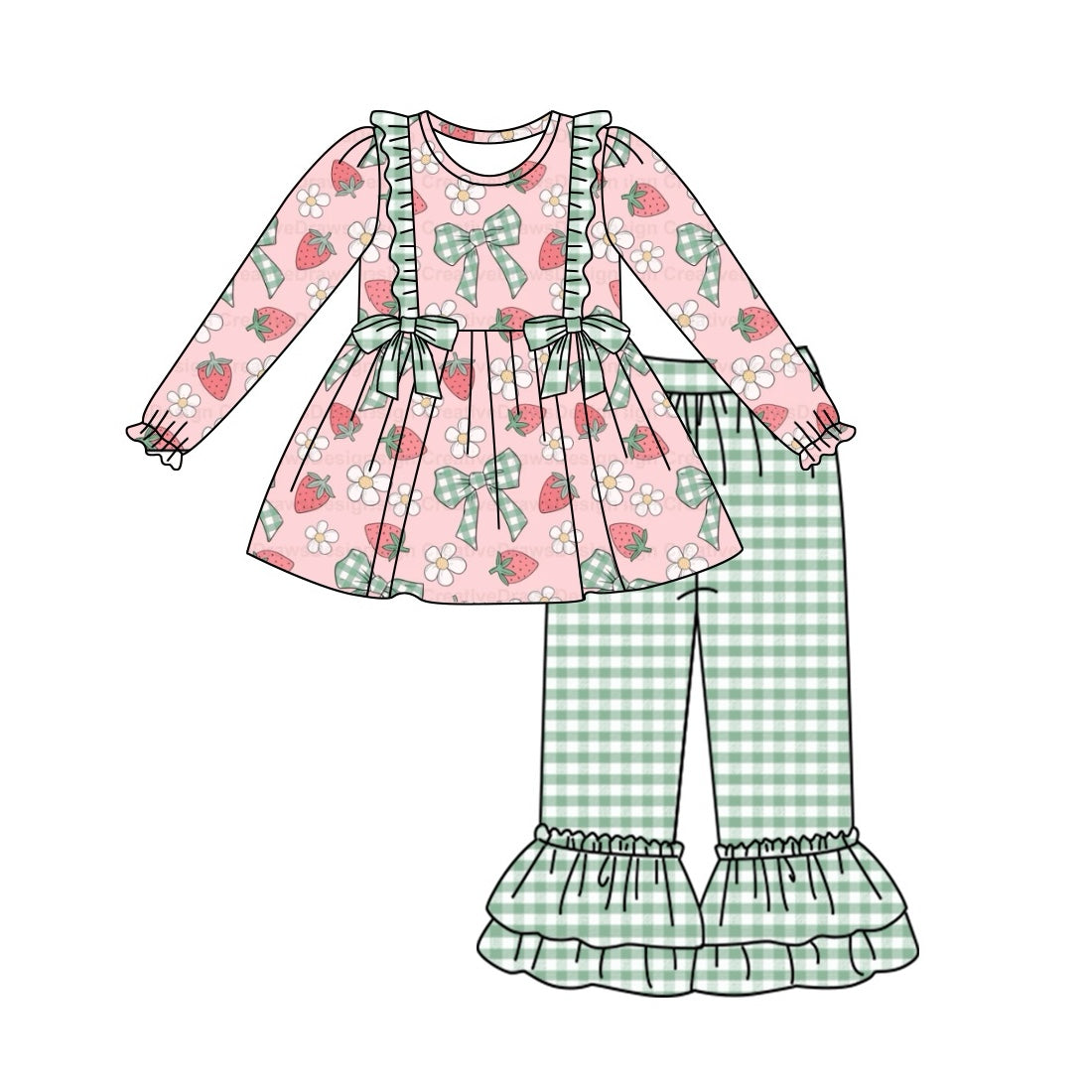 Baby Girl Long Sleeves Strawberry Tunic Green Plaid Pants Clothes Set Moq 5