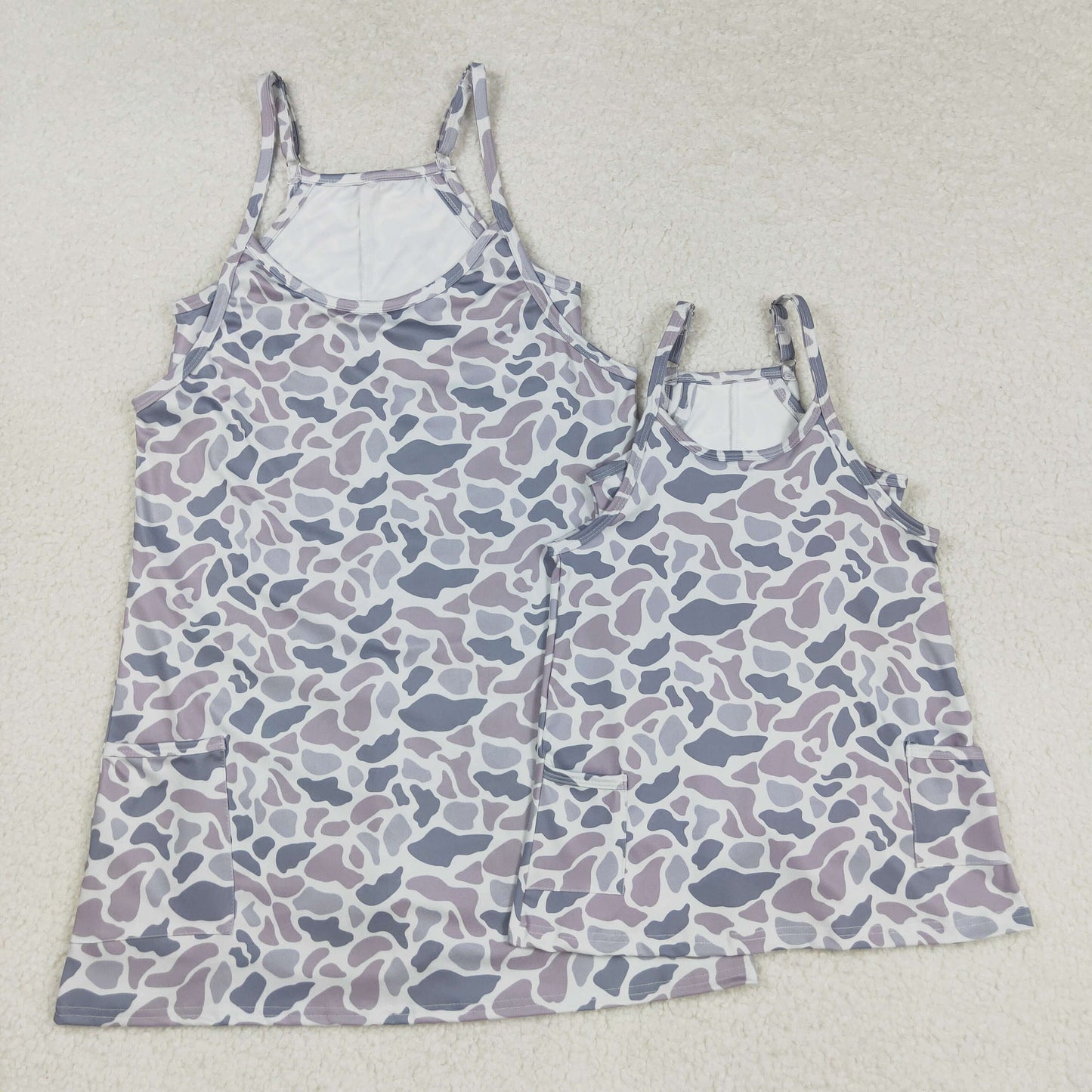 Baby Girl Adult Women Straps Grey Camo Pockets Yoga Active Sibling Family Mommy And Me Summer Dress RTS