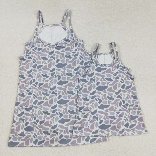 Baby Girl Adult Women Straps Grey Camo Pockets Yoga Active Sibling Family Mommy And Me Summer Dress RTS