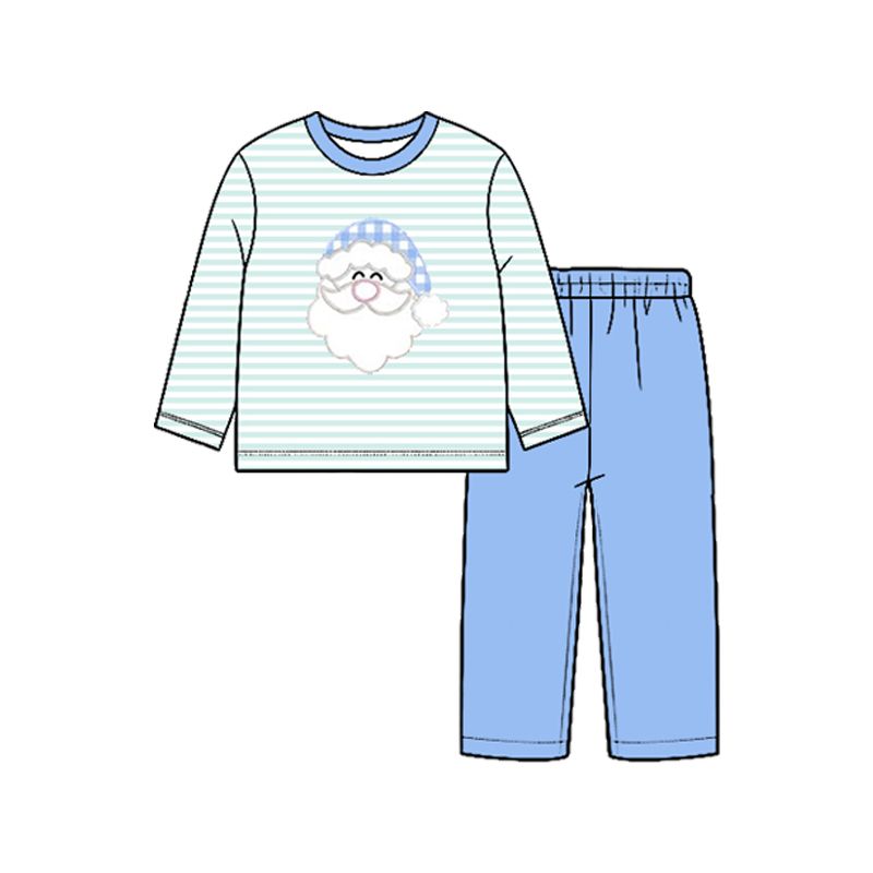( Moq 5 ) Preorder Baby Boy Kids Long Sleeves Christmas Santa Stripes Shirt Blue Pants Set Clothes
