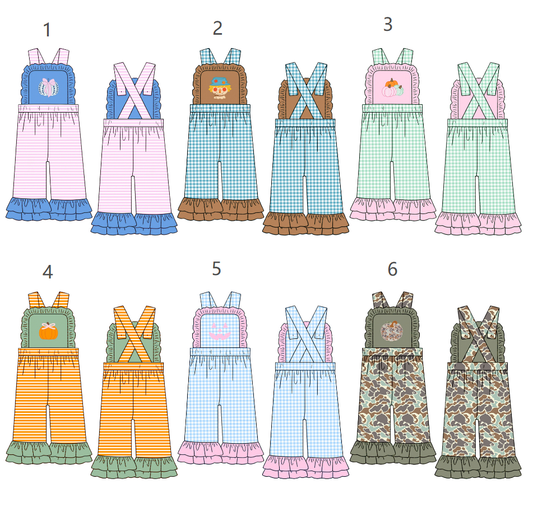 ( Moq 5 Each Style ) Sibling Girls Kids Sleeveless Pumpkins Plaid Ruffle Pants Jumpsuits Fall Clothes
