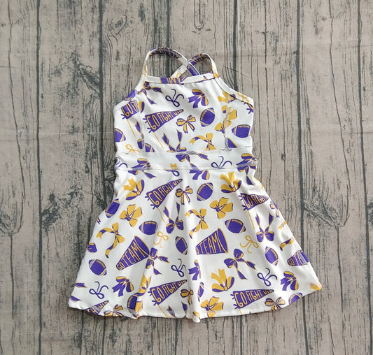 ( No moq ) Preorder Baby Girl Sleeveless Purple Football Bows Cheer Summer Yoga Active Dress