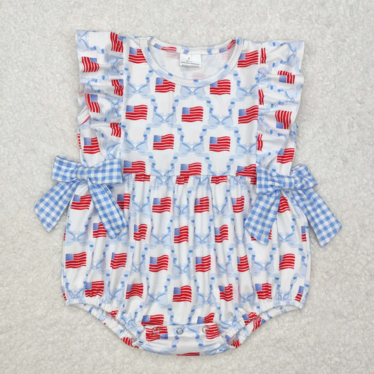 July 4th Baby Girl Infant Short Sleeves Blue Bows Flags Bubble Romper