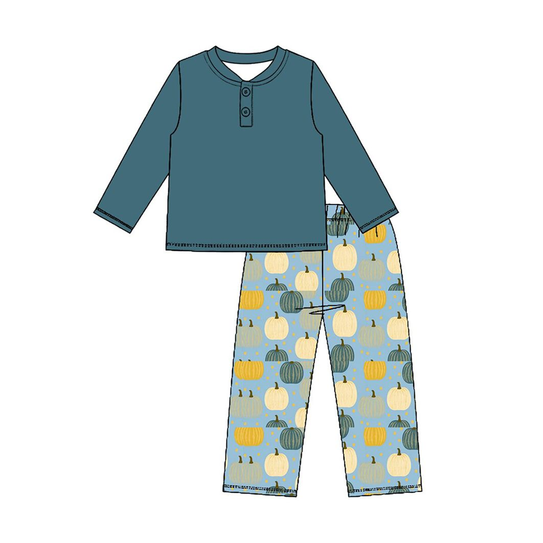 ( Moq 5 ) Preorder Baby Boys Kids Long Sleeves Blue Shirt Pumpkin Pants Set Fall Clothes