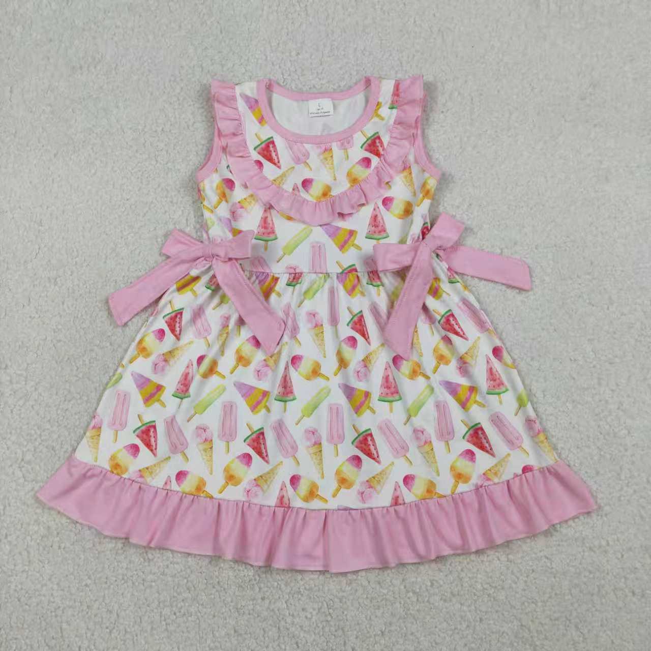 Sibling Baby Girls Sleeveless Popsicles Pink Bows Summer Knee Length Dress Set RTS