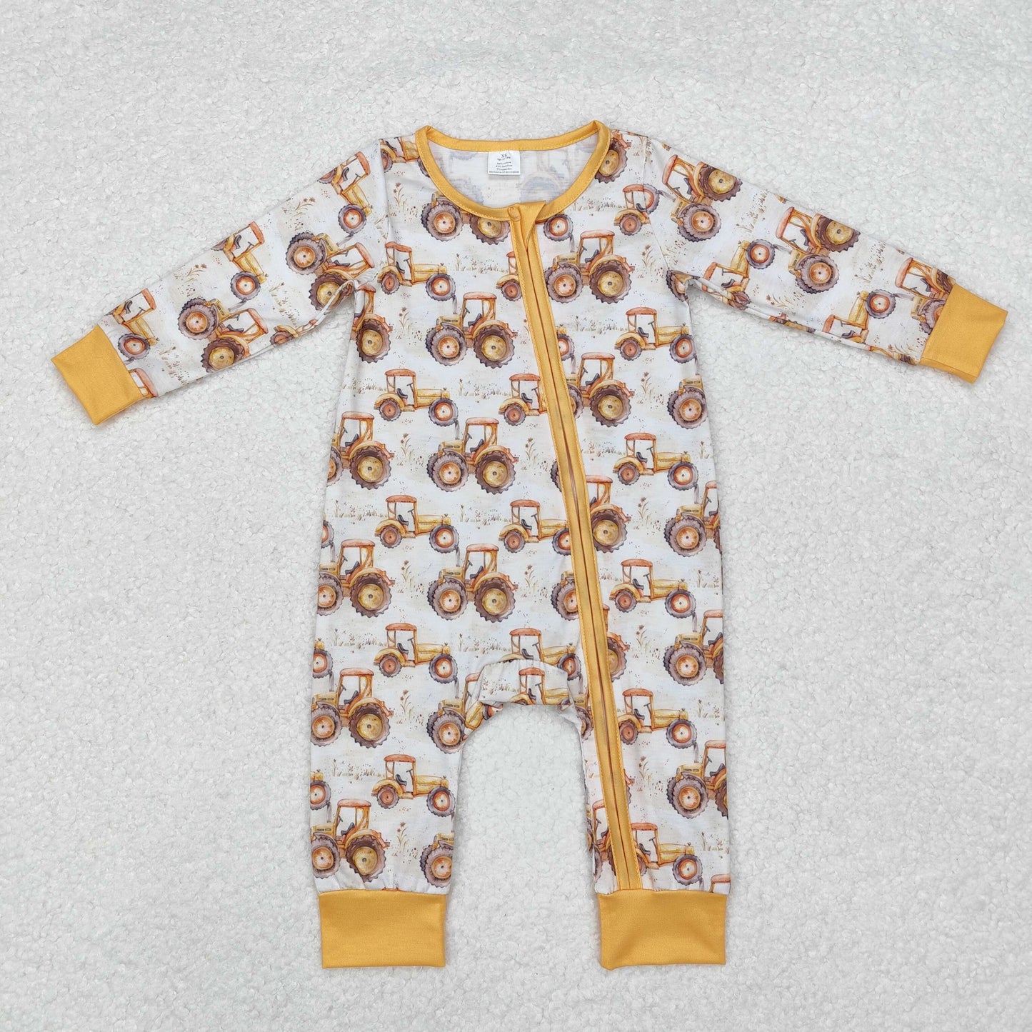 Newborn Baby Boy Long Sleeves Farm Trucks Zipper Bamboo Romper