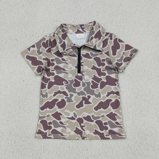Baby Boys Kids Short Sleeves Dark Grey Camo Zipper Pullover Shirt Tops RTS