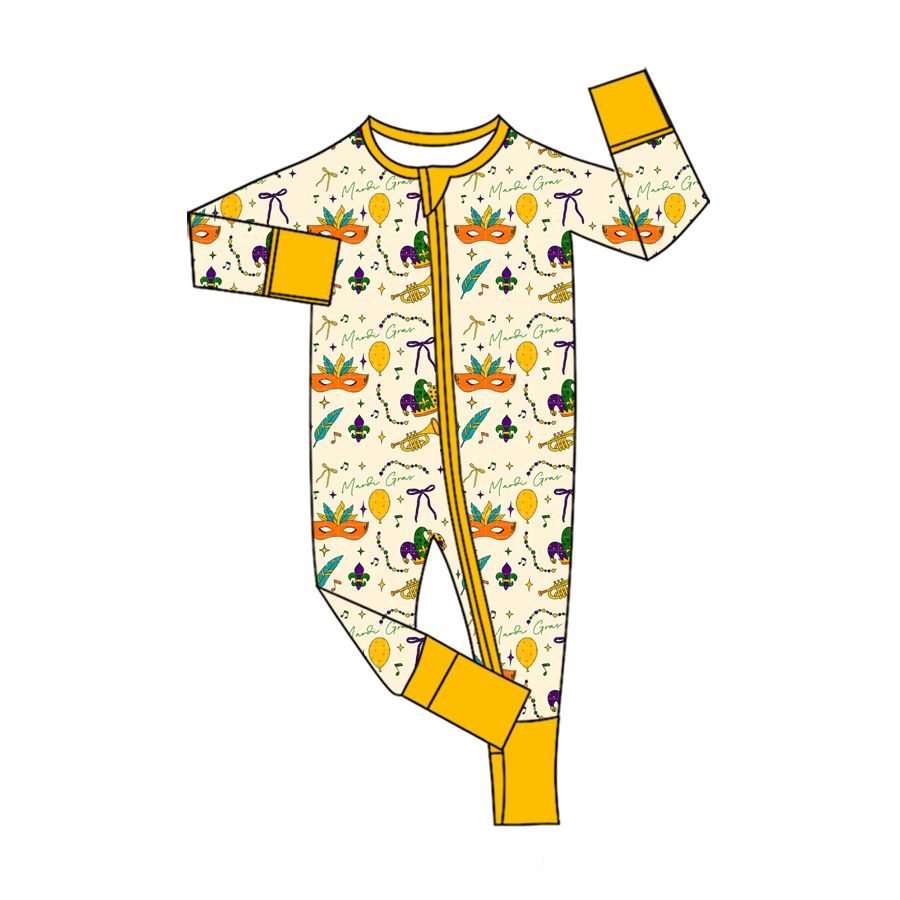 ( Moq 5 ) Preorder Baby Girls Infant Anchors Masks Bows Footie Sleeper Zipper Romper Mardi Gras Clothes