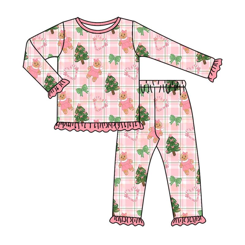 ( Moq 5 ) Preorder Baby Girls Kids Gingerbread Bows Tree Shirt Pants Christmas Set Pajamas Clothes