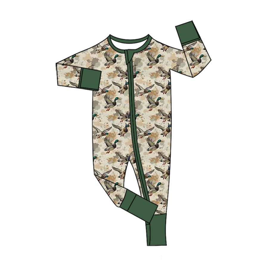 ( Moq 5 ) Preorder Baby Boys Kids Long Sleeves Ducks Zipper Footie Green Romper Camo Clothes