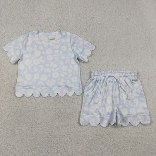 Baby Girls Kids Short Sleeves Flower Shirt Pockets Shorts Set Scallop Clothes RTS